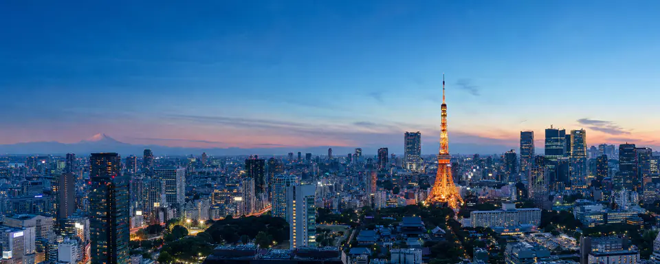 Illustrated panorama of Tokyo's skyline with Tokyo Tower and Mount Fuji at dusk